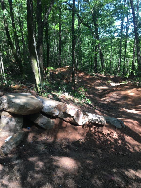 A dirt path winding through a lush forest, featuring a large rock formation on the left side. Tall trees with green leaves provide shade over the trail, which diverges to the right in the background. Sunlight filters through the trees, creating a dappled light effect on the ground. Beaver Creek / Forever Wild Trails mountain bike trail.