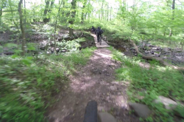 A dirt path winding through a lush green forest, with two individuals riding bicycles over a small wooden bridge that crosses a stream. Sunlight filters through the trees, illuminating the vibrant foliage on either side. Richmond Avenue and Forest Hill road mountain bike trail.