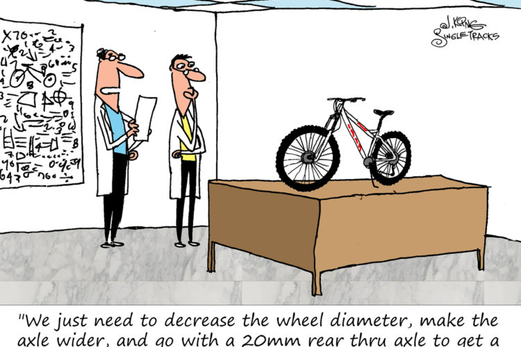 A cartoon image shows two scientists discussing a bicycle displayed on a table. One scientist holds a piece of paper while explaining adjustments to the bike’s specifications. The humorous dialogue at the bottom reads, "We just need to decrease the wheel diameter, make the axle wider, and go with a 20mm rear thru axle to get a 9% stiffer wheel. Totally worth it!" The background features mathematical formulas on a wall, adding to the scientific theme.