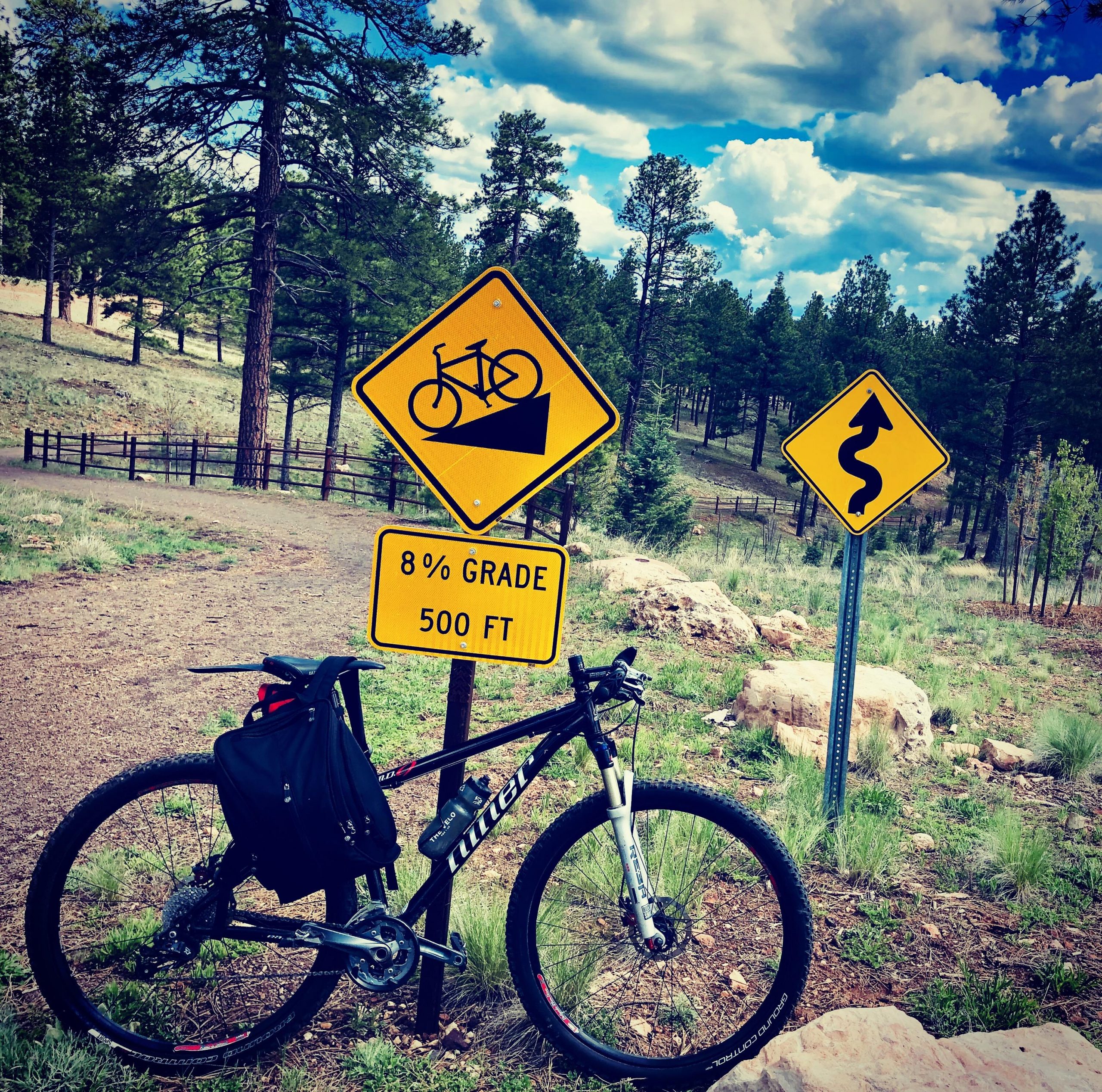 Niner EMD 9: A mountain bicycle parked beside two caution signs indicating an 8% grade for 500 feet and a winding road ahead, set against a backdrop of pine trees and a blue sky with clouds.