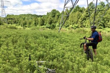 A person standing beside a mountain bike in a lush, green field, surrounded by tall plants and trees. In the background, there is a power line structure, and the sky is partly cloudy. The individual is wearing a helmet and a backpack, looking around as they navigate the area. Bayfield river mountain bike trail.