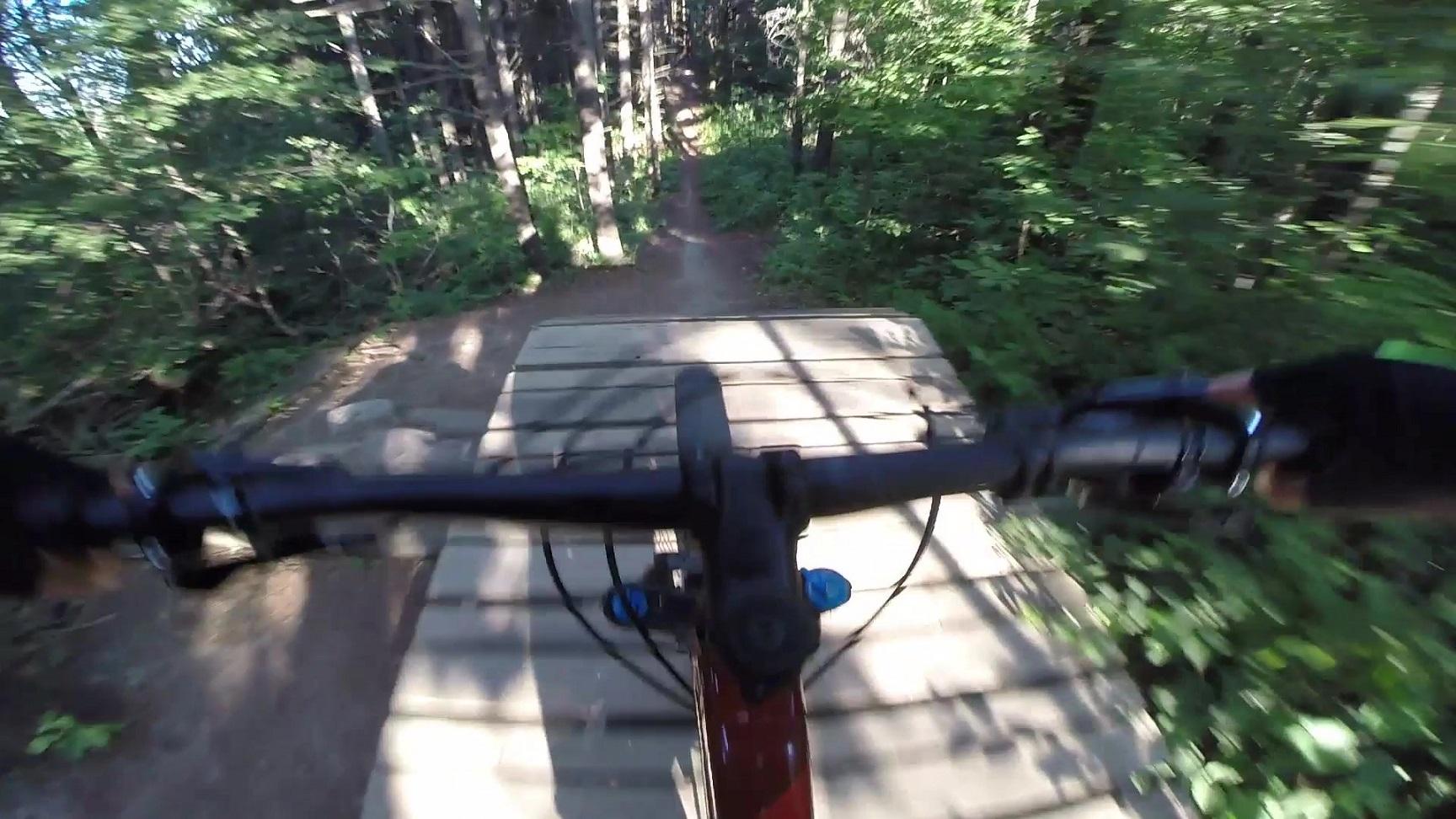 Trek Fuel EX 8 29: A cyclist's perspective riding over a wooden plank bridge on a mountain biking trail surrounded by dense green foliage and trees.