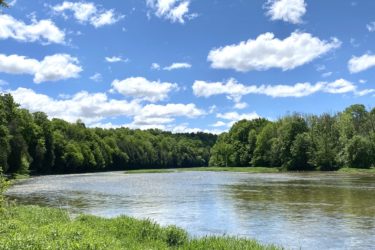 A serene view of a river surrounded by lush green trees under a bright blue sky filled with fluffy white clouds. The river reflects the sky, and grassy banks frame the water, creating a tranquil natural landscape. Lobb Trail mountain bike trail.