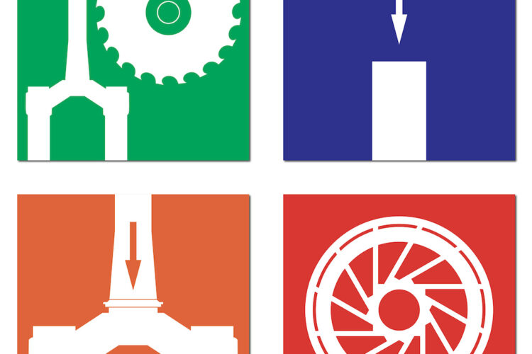 Four colorful graphic squares featuring simple, abstract representations of different mechanical components: 

- Top left: A green square with a white image of a saw blade. 
- Top right: A blue square featuring an upward arrow and a rectangular shape. 
- Bottom left: An orange square depicting a structure with an arrow pointing downward. 
- Bottom right: A red square with a white graphic of a wheel with spokes.