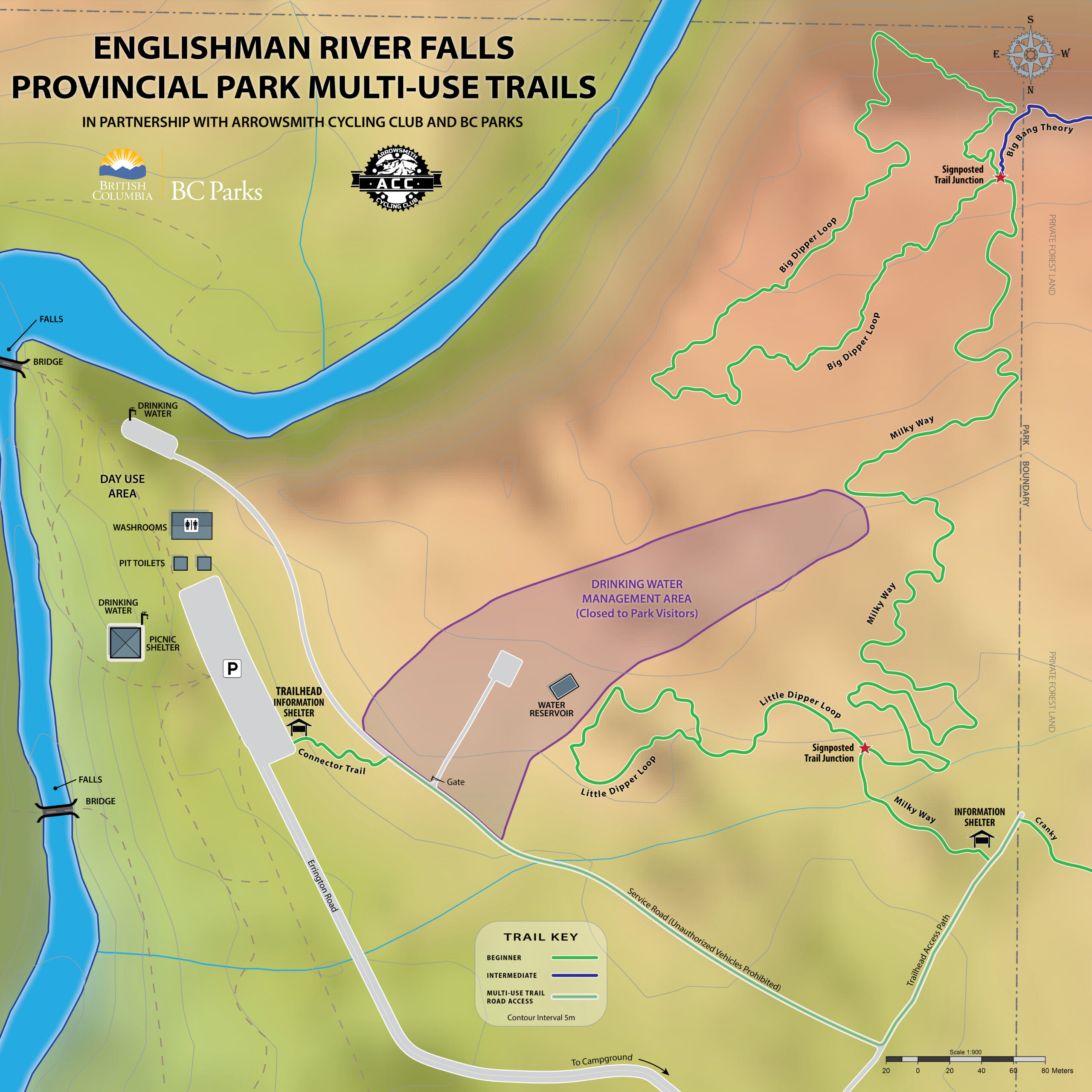 Map of Englishman River Falls Provincial Park, detailing multi-use trails. Includes labeled areas such as the waterfalls, bridge, day use area, washrooms, and drinking water locations. Also features a trailhead, information shelter, and various marked trails with difficulty levels. Highlights a drinking water management area closed to park visitors. Englishman River Falls Provincial Park mountain bike trail.