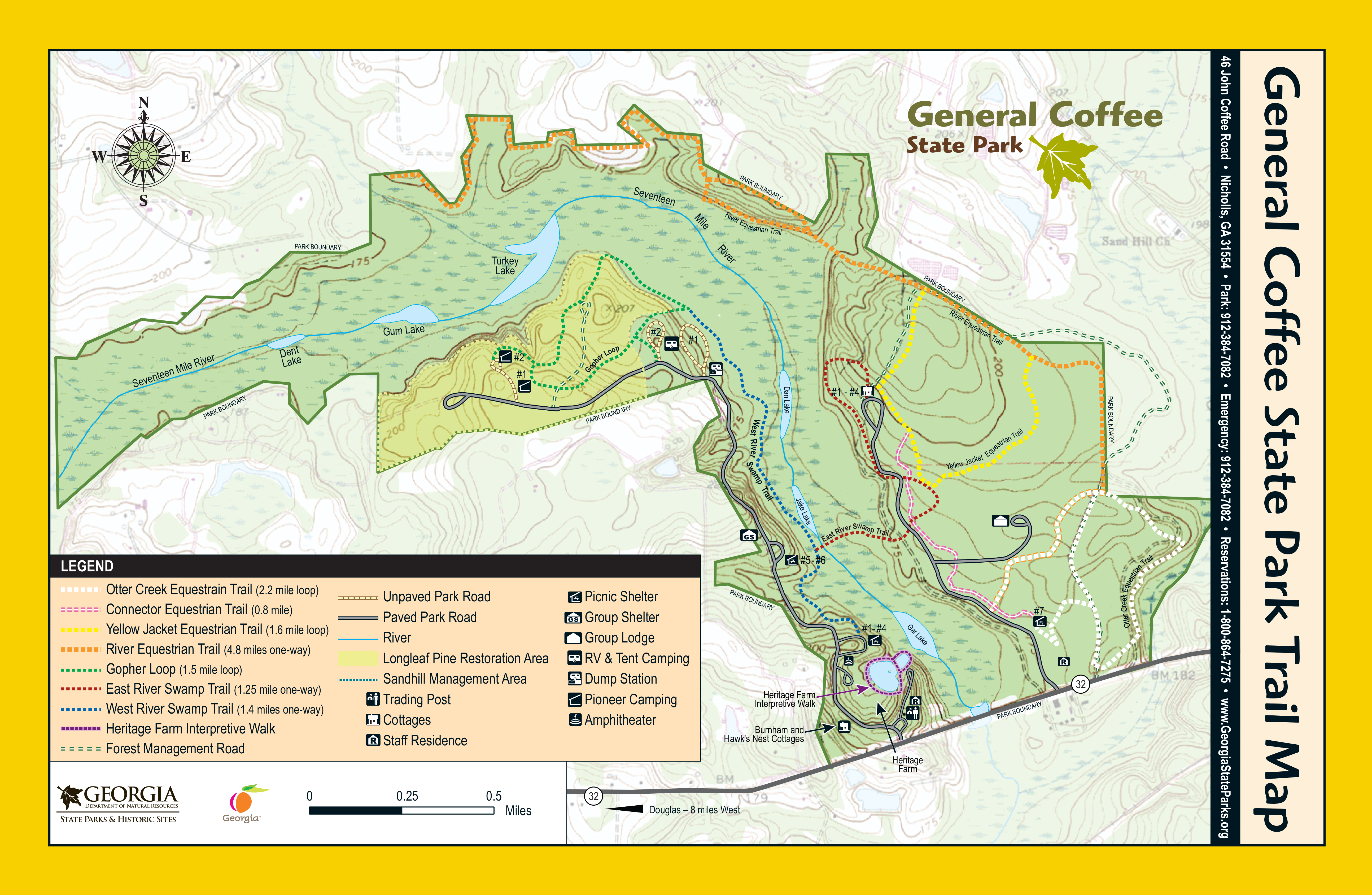 Map of General Coffee State Park, depicting various trails, lakes, and facilities within the park. The map includes a legend denoting trail types, park roads, shelters, camping areas, and notable locations such as lakes and the Heritage Farm Interpretive Walk. Topographical features are illustrated, along with a compass rose for orientation. General Coffee State Park mountain bike trail.