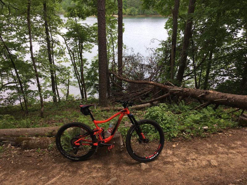 A vibrant orange mountain bike is parked on a dirt path surrounded by lush green trees, with a serene lake visible in the background. The bike is positioned on the left side of the image, showcasing its wheels and frame against the natural scenery. Jack Rabbit Trails mountain bike trail.
