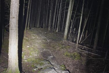 A dimly lit forest path, featuring rocky terrain and surrounded by tall, dark trees. The path is illuminated by a flashlight beam, highlighting the uneven stones and mossy areas. The atmosphere is quiet and slightly eerie, typical of a woodland setting at night. Bruce Peninsula Mountain Bike Adventure Park mountain bike trail.