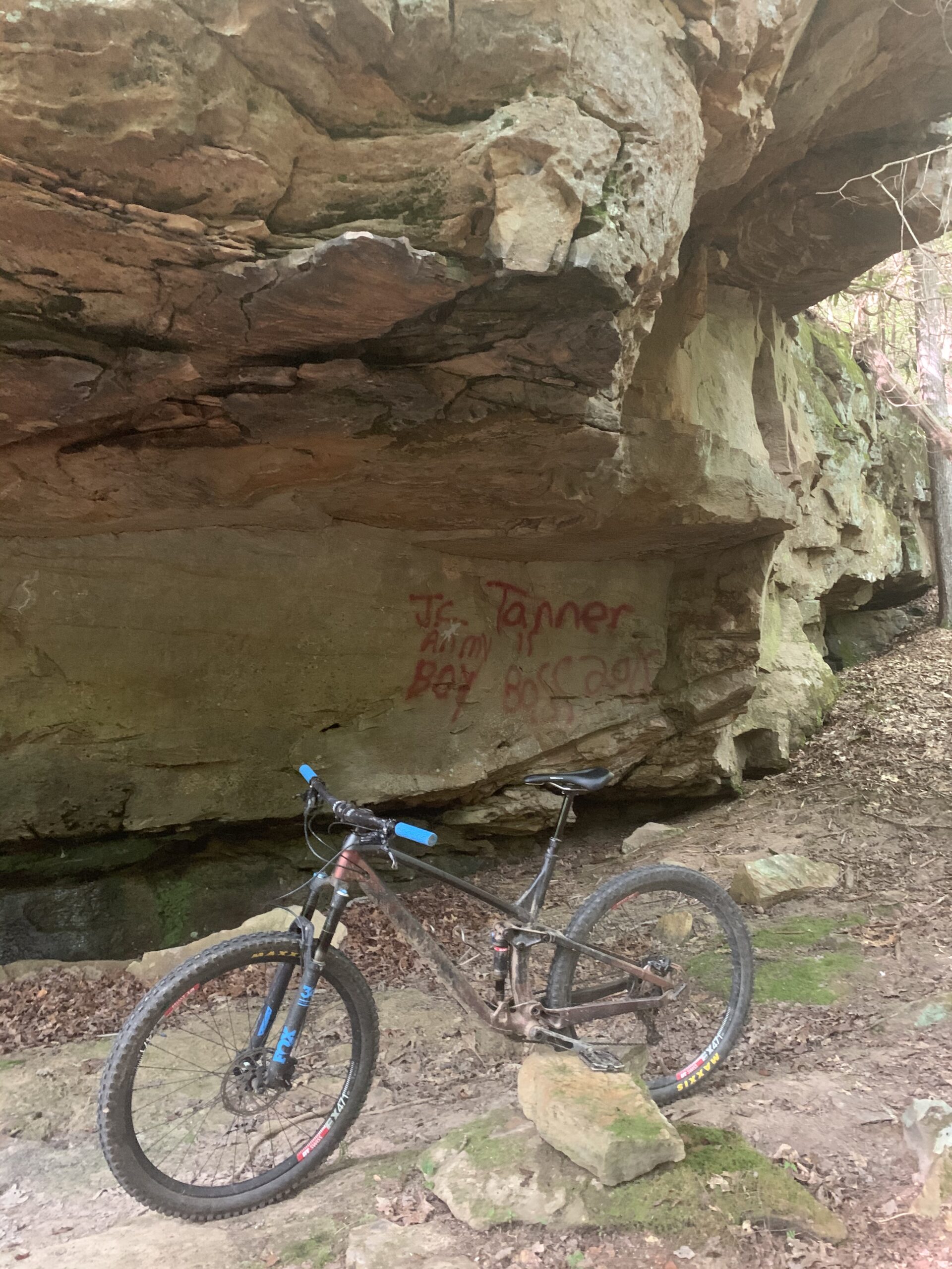 A mountain bike resting on a rock near a large, rugged cliff with graffiti. The cliffside is covered in moss and leaves, indicating a natural, wooded environment. Sheltowee Trace - W80 to 192 mountain bike trail.