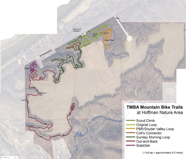 Map of TMBA Mountain Bike Trails at Hoffman Nature Area, showing various trail routes in different colors. Key features include labeled trails like Scout Climb, Original Loop, and others, as well as the parking area and trailhead location. The map outlines a network of biking paths approximately totaling 6.0 miles for a full lap. Hoffman Trails mountain bike trail.
