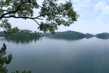 Panoramic view of a serene lake surrounded by lush greenery and distant hills under a partly cloudy sky. The water reflects the landscape, creating a tranquil atmosphere. Trees frame the scene, adding depth to the natural beauty. Oksan Resevoir mountain bike trail.