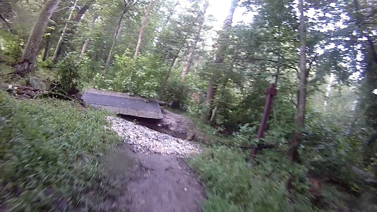 A dirt path winds through a dense forest with lush green trees and underbrush, leading to a small wooden bridge that crosses over a rocky area. The scene is calm and natural, illuminated by gentle sunlight filtering through the tree canopy. Cedarville State Forest mountain bike trail.