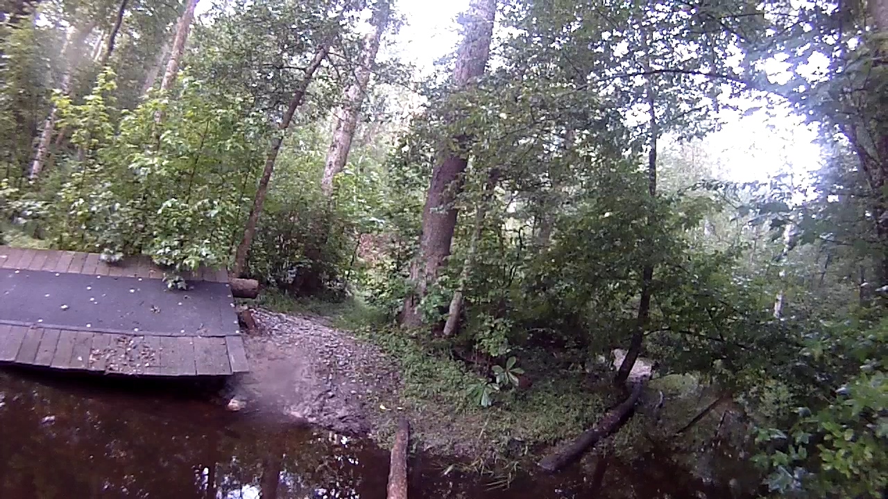 A wooden platform at the edge of a forested area, surrounded by lush greenery and trees. The platform extends over a calm, reflective body of water, with a partially visible rocky path leading into the woods. 5 Bridges mountain bike trail.