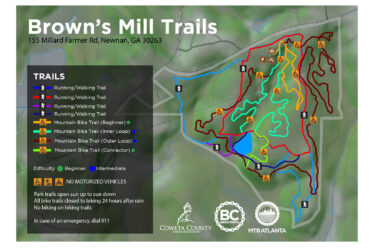 Map of Brown's Mill Trails in Newnan, GA, displaying various running, walking, and mountain bike trails. The map includes a legend indicating trail types by color, difficulty levels (beginner and intermediate), and important notes such as the prohibition of motorized vehicles and park operating hours. Key features, including parking and restroom facilities, are also marked. Brown's Mill mountain bike trail.