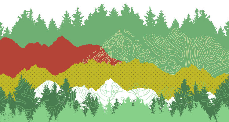A colorful graphic featuring layered mountains in shades of green, yellow, red, and white, with a stylized logo of Mulberry Gap in the lower left corner. The design includes intricate patterns resembling topographic maps amidst the mountain silhouettes.
