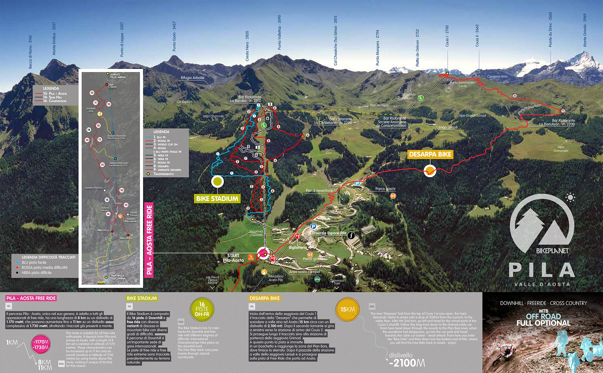 Map of the Pila - Aosta region, showcasing various mountain biking trails including the Bike Stadium and Desarpa Bike routes. The map highlights difficulty levels, trail lengths, and elevation changes, with key landmarks and starting points noted. It features detailed route markings in different colors, providing information for mountain biking enthusiasts. Pila Bike Park mountain bike trail.