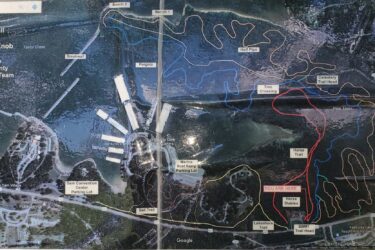 A map of the Bo Beckett Memorial Trail (BBMT) at Gobbler's Knob in Kentucky Dam State Park. The map highlights various trails, including the Horse Trail and the BBMT. Key locations such as the Kentucky Dam Marina, parking lots, and trail heads are labeled, with a "You Are Here" marker indicating a specific location on the map. The trails are shown in different colors to distinguish between them. Bo Beckett Memorial Trail (BBMT) mountain bike trail.
