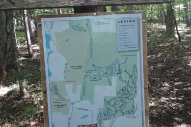 Signpost indicating the "Rusty Bucket Loop" trail with an accompanying map of the Endless Brook Trails. The map displays various trail routes, difficulty levels, and the location marked as "YOU ARE HERE." The scene is set in a wooded area with green foliage. Endless Brook Trails mountain bike trail.