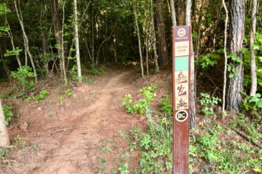 A wooden trail marker indicating the start of the Outer Loop path in a forested area, surrounded by trees and greenery. The sign features icons representing biking, hiking, and off-road vehicles. The trail is visible, winding into the lush woods. Brown's Mill mountain bike trail.
