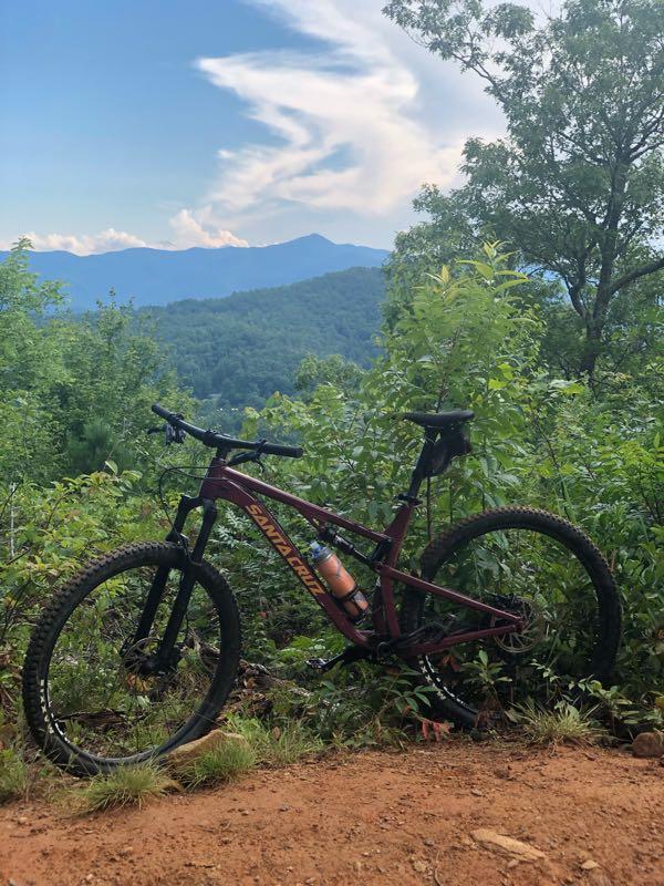 A mountain bike resting against greenery on a dirt trail, with a scenic view of mountains and a cloudy blue sky in the background. Fire Mountain Trail System mountain bike trail.