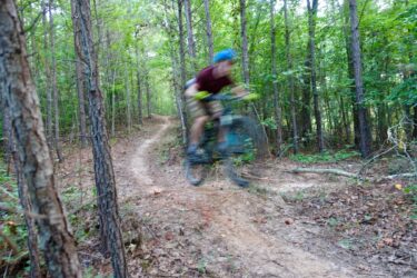 A mountain biker in motion, jumping over a small jump on a winding dirt trail surrounded by dense trees in a forested area. The image captures the dynamic movement of the biker, with a blurred effect indicating speed. Moore's Bridge mountain bike trail.