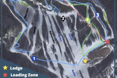 Map of Ski Poley, showing ski trails and facilities. The map includes color-coded difficulty levels (easy, intermediate, advanced) for various runs, marked with corresponding line styles. Key features are labeled, including the lodge, loading zone, and lookout tower, along with the Alpine chairlift path. The operational hours for 2020 are noted, indicating seasonal availability. Poley Mountain mountain bike trail.
