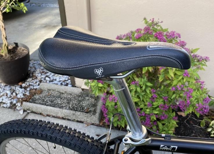 Specialized Specialized Stumpjumper A1 FS Mountain Bike: Close-up of a black bicycle seat attached to a silver seat post, with greenery and flowers in the background, showcasing a cycling setup on a paved surface.