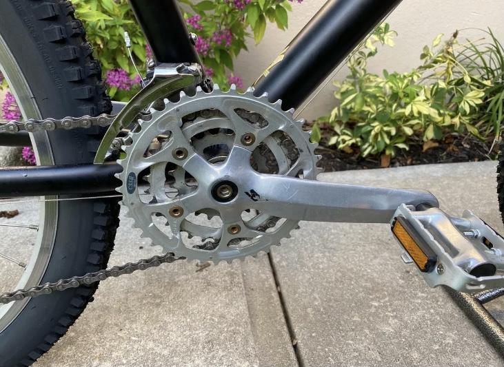 Specialized Specialized Stumpjumper A1 FS Mountain Bike: Close-up of a bicycle's crankset, featuring a silver chainring and crank arm with attached pedals. The background shows blurred green leaves and pink flowers, set against a concrete surface.