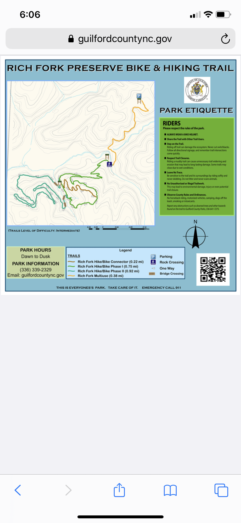 Map of the Rich Fork Preserve bike and hiking trails, showing different trail routes (in green, orange, and yellow), park etiquette guidelines, trail difficulty levels, and contact information. The map includes symbols for parking, one-way paths, and bridge crossings, with details on park hours and trail lengths indicated. Rich fork Preserve mountain bike trail.