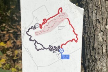 A worn trail marker labeled "Post 27 Thompson" attached to a tree, featuring a map indicating the surrounding mountain biking trails. The marker highlights the location "You are here" with a blue dot and includes nearby trail markers in red and black. The lower part of the marker contains information about supporting the Simcoe County Mountain Bike Club and website details for maps and registration. The background shows natural foliage typical of a wooded area. Midland SCMBC Trail mountain bike trail.