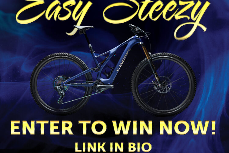 An advertisement promoting a raffle for a high-end bicycle valued at $16,525. The entry fee is $5, and it invites participants to enter for a chance to win. The design features vibrant blue and purple backgrounds, with bold text highlighting the raffle details and a call to action to enter now via a link in the bio. The ad is open to contestants worldwide, with mention that all amounts are in USD.