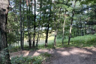 A scenic view of a dirt path winding through a wooded area, with sunlight filtering through the trees and a grassy clearing in the background. The scene features a variety of trees and lush greenery, creating a peaceful outdoor setting. Standing Rocks mountain bike trail.