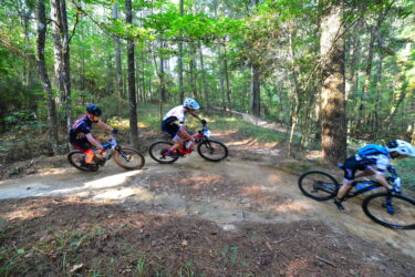 Three young cyclists navigate a winding dirt trail through a lush, green forest. The riders are wearing helmets and colorful cycling gear, showcasing a mix of red, white, and blue. Sunlight filters through the trees, highlighting the dynamic movement and the rustic terrain of the biking trail. Mt. Zion Bike Trails mountain bike trail.