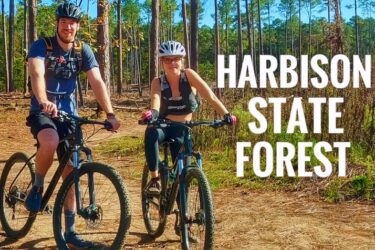 Two mountain bikers, one male and one female, smile at the camera while standing beside their bikes on a trail in Harbison State Forest. The background features tall pine trees and a clear blue sky, suggesting a warm and sunny day for outdoor activity. The male biker wears a helmet and a casual t-shirt, while the female biker sports a white helmet and athletic attire. Harbison State Forest mountain bike trail.