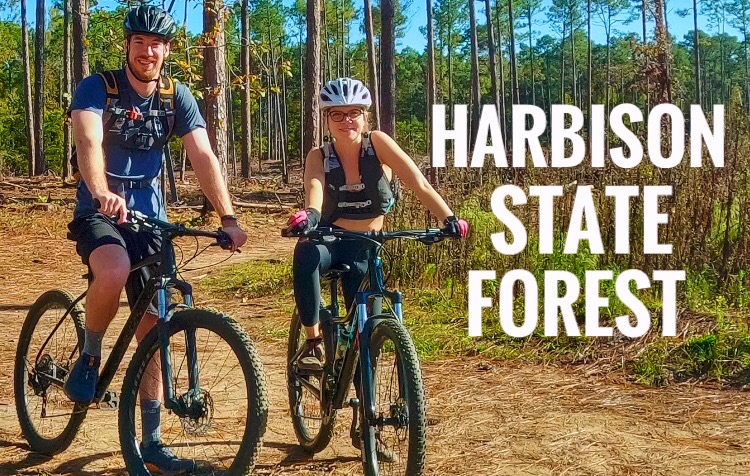 Two people on mountain bikes are smiling and posing on a dirt trail surrounded by tall trees in Harbison State Forest. The sun is shining, and the forest is lush and green. Firebreak trail mountain bike trail.