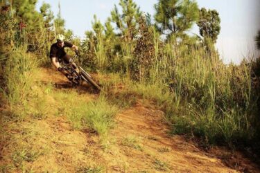A mountain biker leans into a turn on a dirt trail surrounded by tall grass and pine trees. The rider is wearing a helmet and riding a black mountain bike, showcasing action and skill against a backdrop of clear blue skies. Burning Love MTB Flow Trail mountain bike trail.