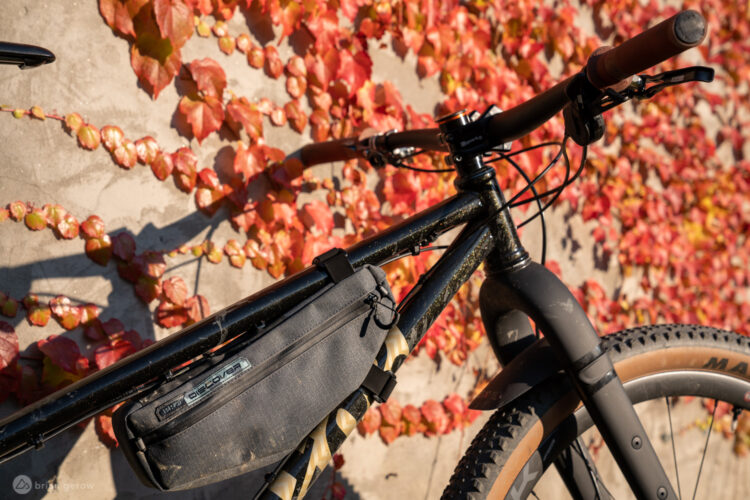 A close-up view of a black bicycle frame with a gray handlebar bag, set against a backdrop of vibrant red and orange ivy leaves. The bike features a sleek design, with visible tire tread and intricate detailing on the frame. The sunlight reflects softly off the surface, highlighting the bike's features and the colorful foliage.