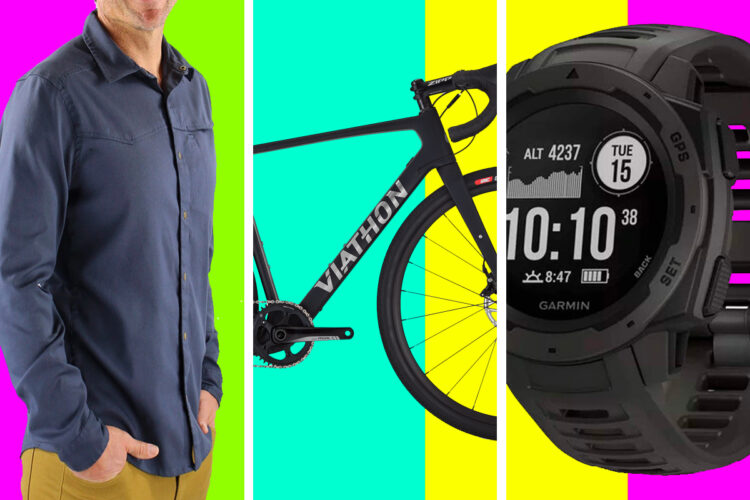 A man wearing a dark button-up shirt stands on the left, next to a sleek black bicycle with the brand name "VIATHON." On the right, a Garmin smartwatch displays various metrics on its screen. The background features bright neon colors including pink, green, and yellow.