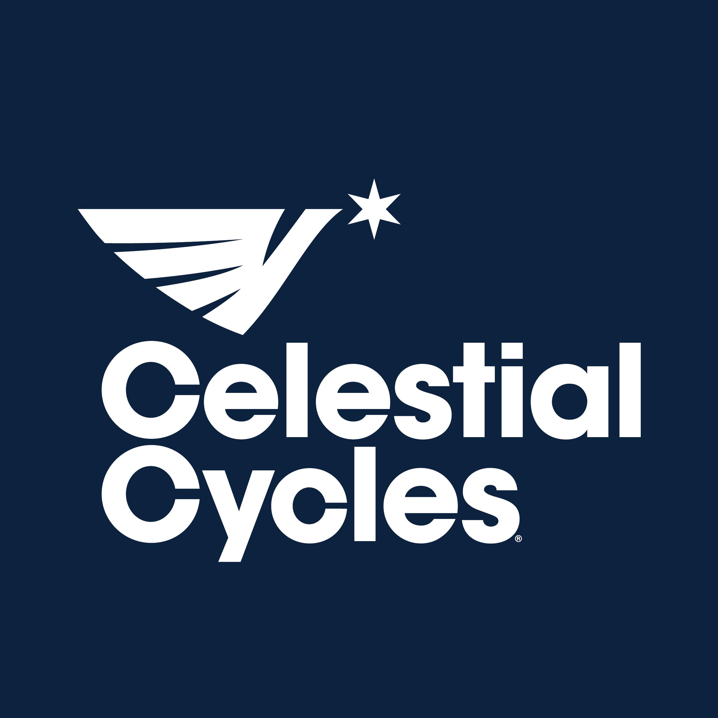 Logo of Celestial Cycles featuring a stylized wing and star against a dark blue background. The brand name "Celestial Cycles" is displayed in bold white typography.