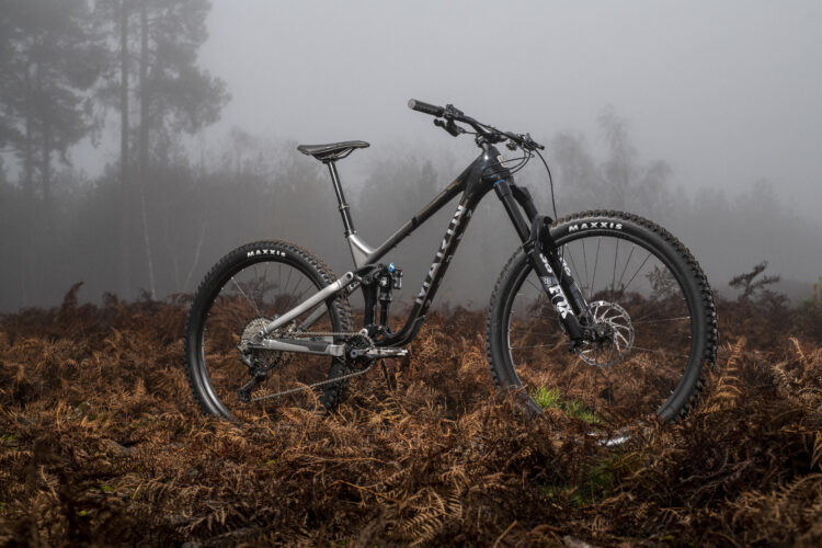 A mountain bike with a sleek silver and black frame stands amidst a field of brown ferns in a foggy forest setting. The bike features Maxxis tires and is designed for off-road terrain, showcasing its robust suspension system and gear setup.