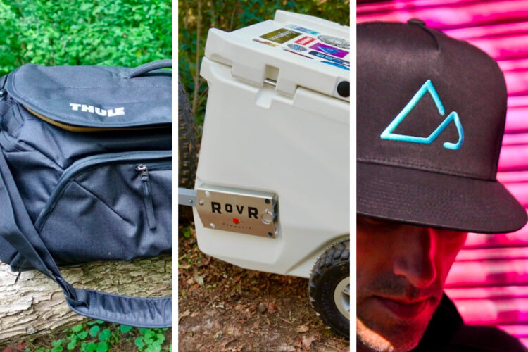 Alt tag: A triptych image featuring a black Thule backpack, a white RovR cooler with wheels, and a close-up of a man wearing a black cap with a stylized blue mountain logo. The background includes greenery and a blurred pink backdrop.
