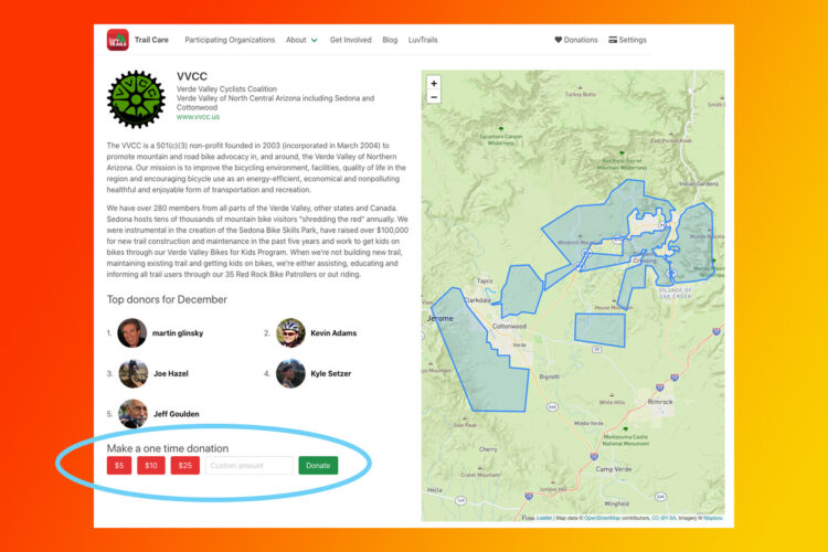Screenshot of the Verde Valley Cyclists Coalition (VVCC) webpage, featuring an overview of the organization, a map of the Verde Valley area in Arizona, and a section highlighting top donors for December. There is a button for making a one-time donation with different amount options. The background gradually transitions from orange to white.