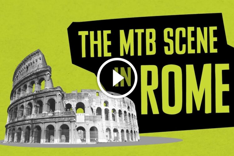 An artistic illustration of the Colosseum in Rome, featured prominently against a bright green background. The text overlays read "THE MTB SCENE IN ROME," with a play button icon indicating a video.