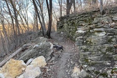 A narrow dirt path winding through a forested area, bordered by rugged stone formations on either side. The trees are bare, indicating early spring or late autumn, and there are scattered leaves on the ground. Natural light filters through the branches, creating a serene outdoor atmosphere. Indigo Loop mountain bike trail.