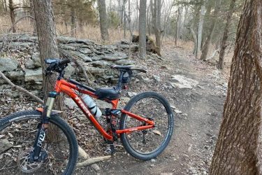 Mountain bike resting against a tree on a dirt trail surrounded by trees and rocky terrain. The scene captures a peaceful moment in nature with a hint of adventure. Indigo Loop mountain bike trail.