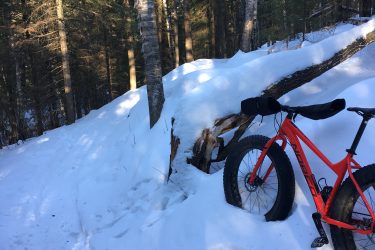 A bright orange fat bike rests against a snow-covered log on a snowy trail surrounded by tall trees. The scene captures a peaceful winter landscape with sunlight filtering through the branches, illuminating the fresh snow. Pine Valley mountain bike trail.