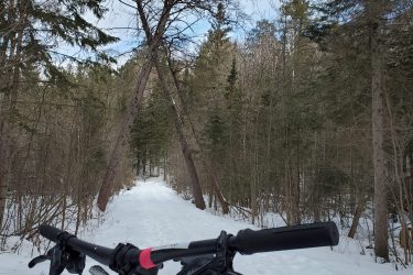 A view from the handlebars of a fat bike on a snowy trail surrounded by trees. The path ahead is framed by two trees that create an arch, leading into a serene wooded area. The ground is covered in fresh snow, and the sky is partially cloudy, suggesting a crisp winter day. Pine Valley mountain bike trail.
