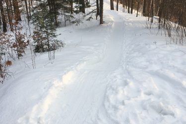 A snow-covered trail winding through a forest, surrounded by evergreen trees and bare branches. The sun casts soft light on the landscape, highlighting the patterns in the snow. Pine Valley mountain bike trail.