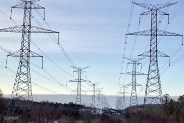 A landscape view featuring tall power lines stretching down a snowy path, surrounded by sparse vegetation and trees against a cloudy sky. Batawa Trails mountain bike trail.