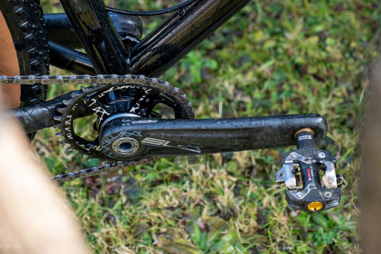 Close-up of a bicycle's crankset and pedal, featuring a black chainring, crank arm, and clipless pedal, set against a grassy background. The image highlights the details of the bike's drivetrain components.